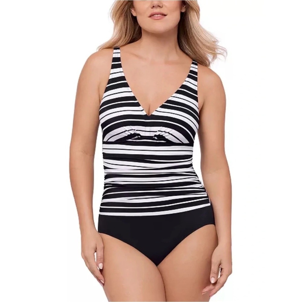 NWT Swim Solutions One Piece Women Black White Striped Tummy‎ Control 8 $86